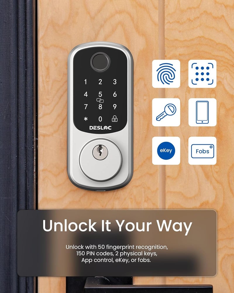 DESLOC Smart Door Lock B200, Smart Deadbolt Lock, Keyless Entry Door Lock, Fingerprint Smart Lock, Smart Locks for Front Door, App Control, Touchscreen Keypad Deadbolts,12-Month Battery, BHMA Grade3 - Image 2